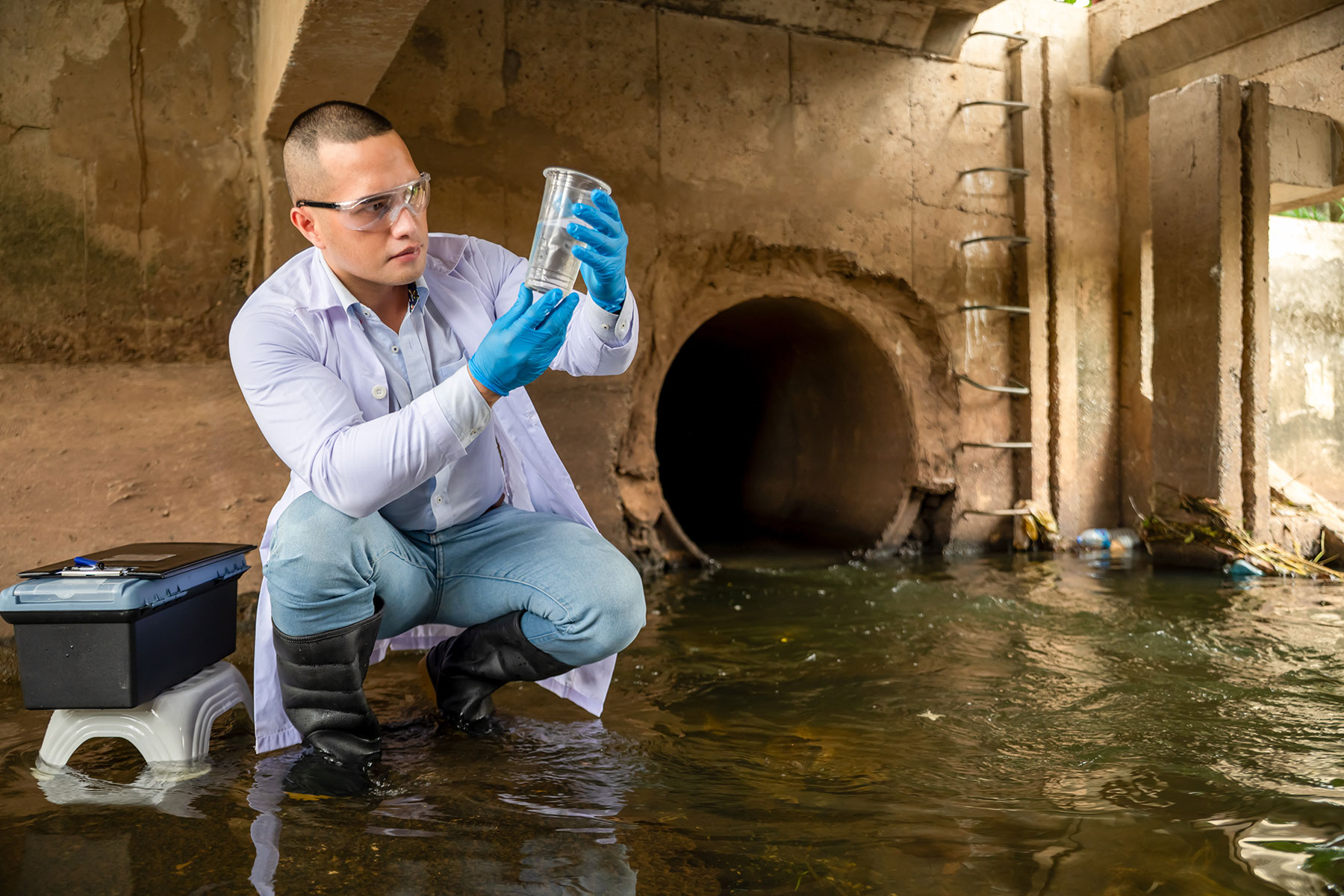 man taking a river water sample